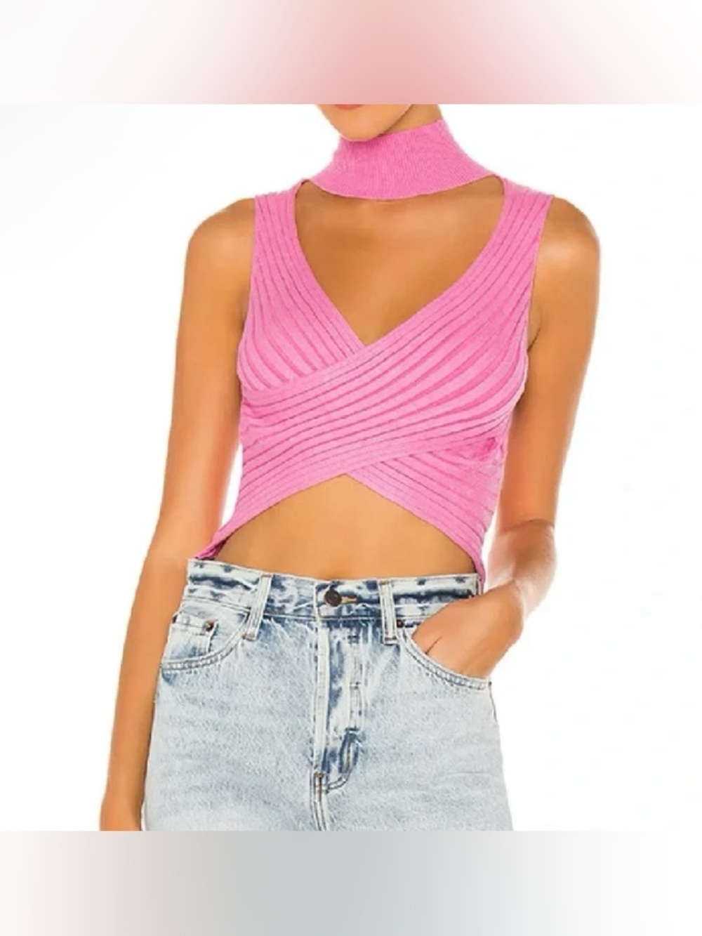 Superdown Pink Ribbed Wrap Crop Top with Choker Neck - Size XS